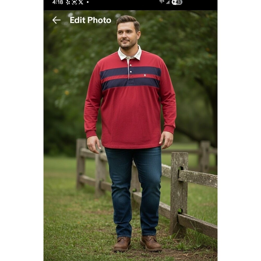 Izod Long Sleeve Rugby Shirt Red/ Navy Stripe White Collar Size 5XLT Mens